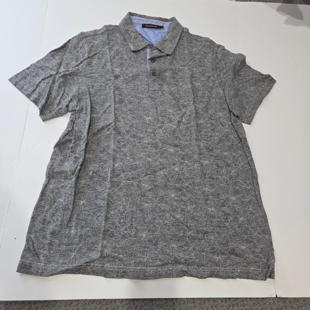 Bugatchi Polo Shirt Mens Large Grey Good Floral Cotton Linen Short Sleeve